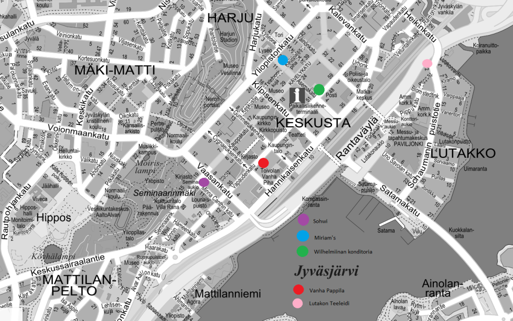Jyväskylän kartta, johon olen merkinnyt värikkäillä palloilla kaikkien herkuttelupaikkojen sijainnit.